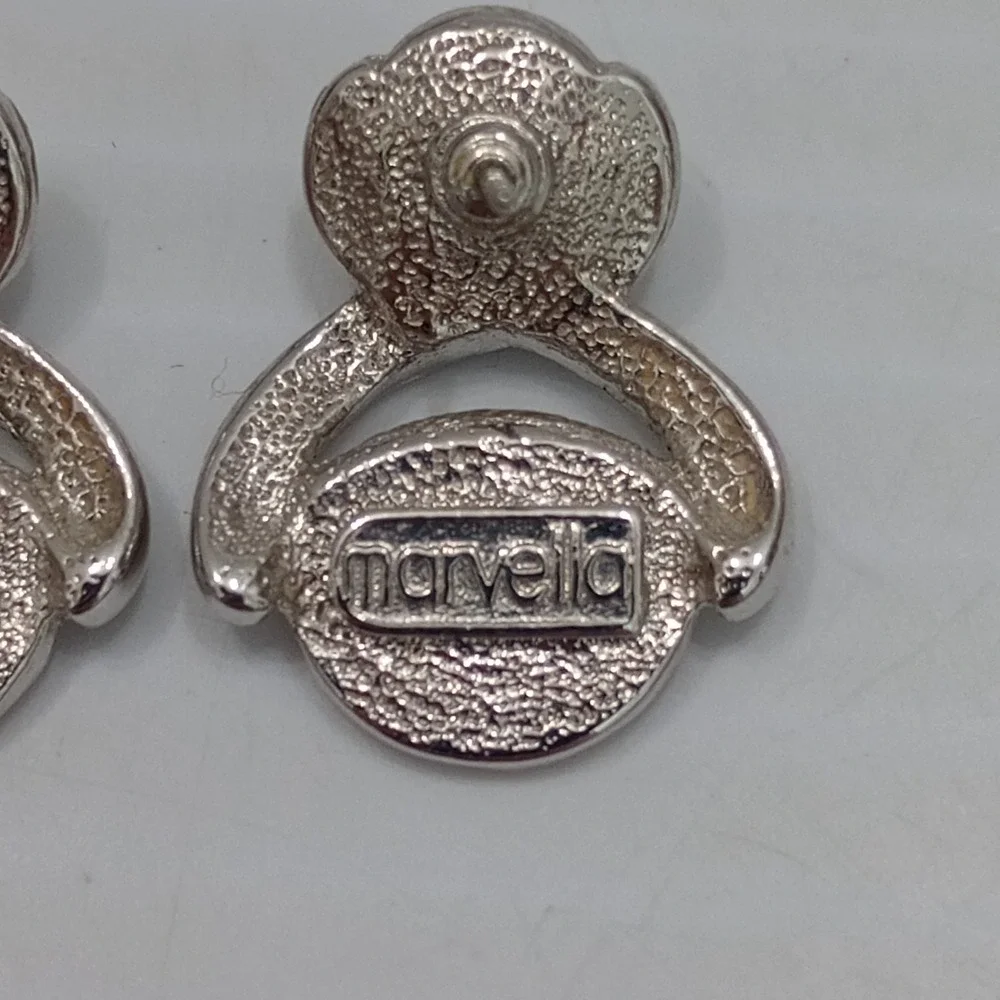 Vintage Marvella Faux Pearl Rhinestone Silver Tone Swirl‎ Earrings